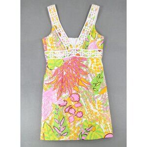 Trina Turk Secret Shift Dress Size‎ 4 Floral Multi Color Print Flowers Lace